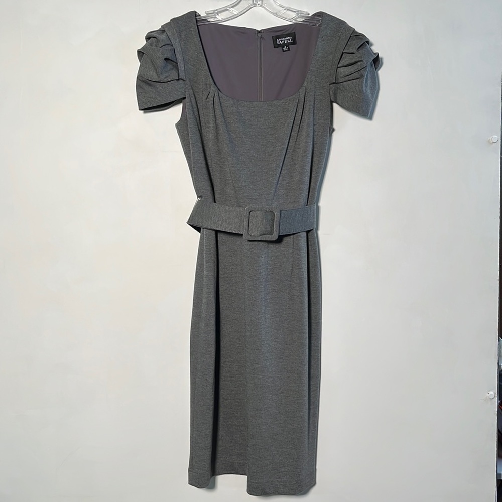 ADRIANNA PAPELL Party Career Dramatic Ruffle SLV U-Shape Neck Grey Belt Dress 12